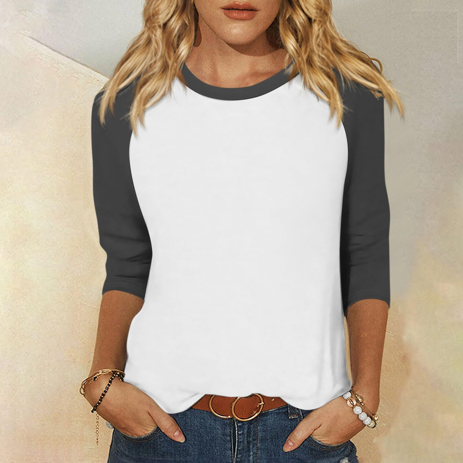 thumbnail image 2 of Camiseta informal de manga 3/4 y cuello redondo para mujer, versátil, de poliéster, tallas S-XXL, 2 of 5